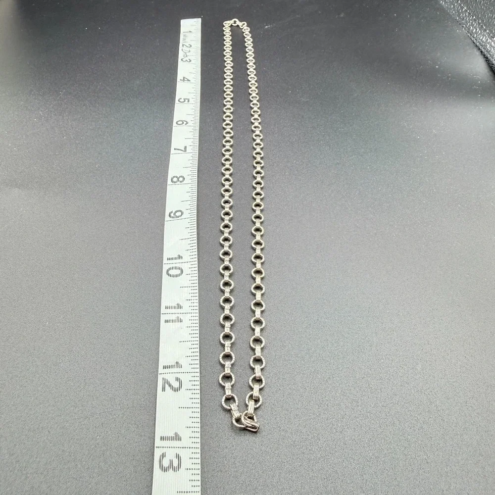 Silver Tone Textured Circle Link Chain Necklace Minimalist Statement Fashion